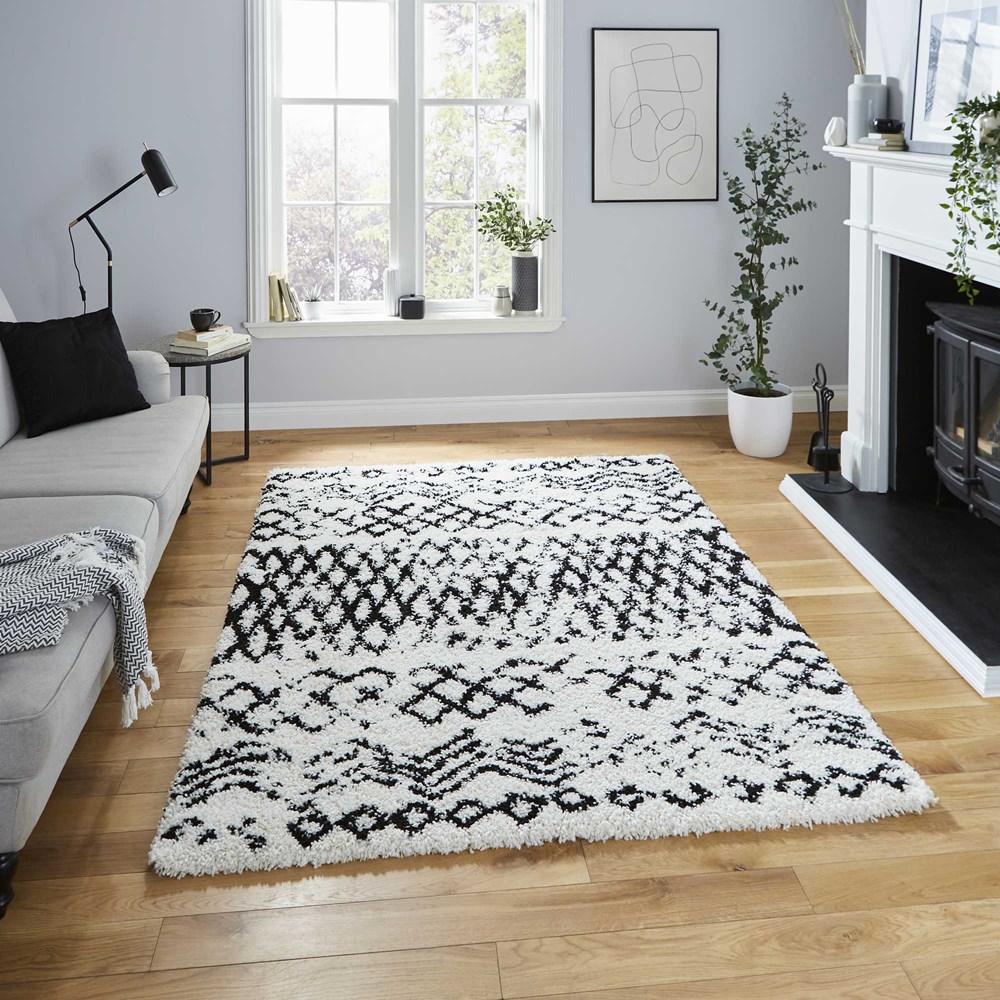 Scandi Berber G271 Shaggy Boho Rugs in White Black